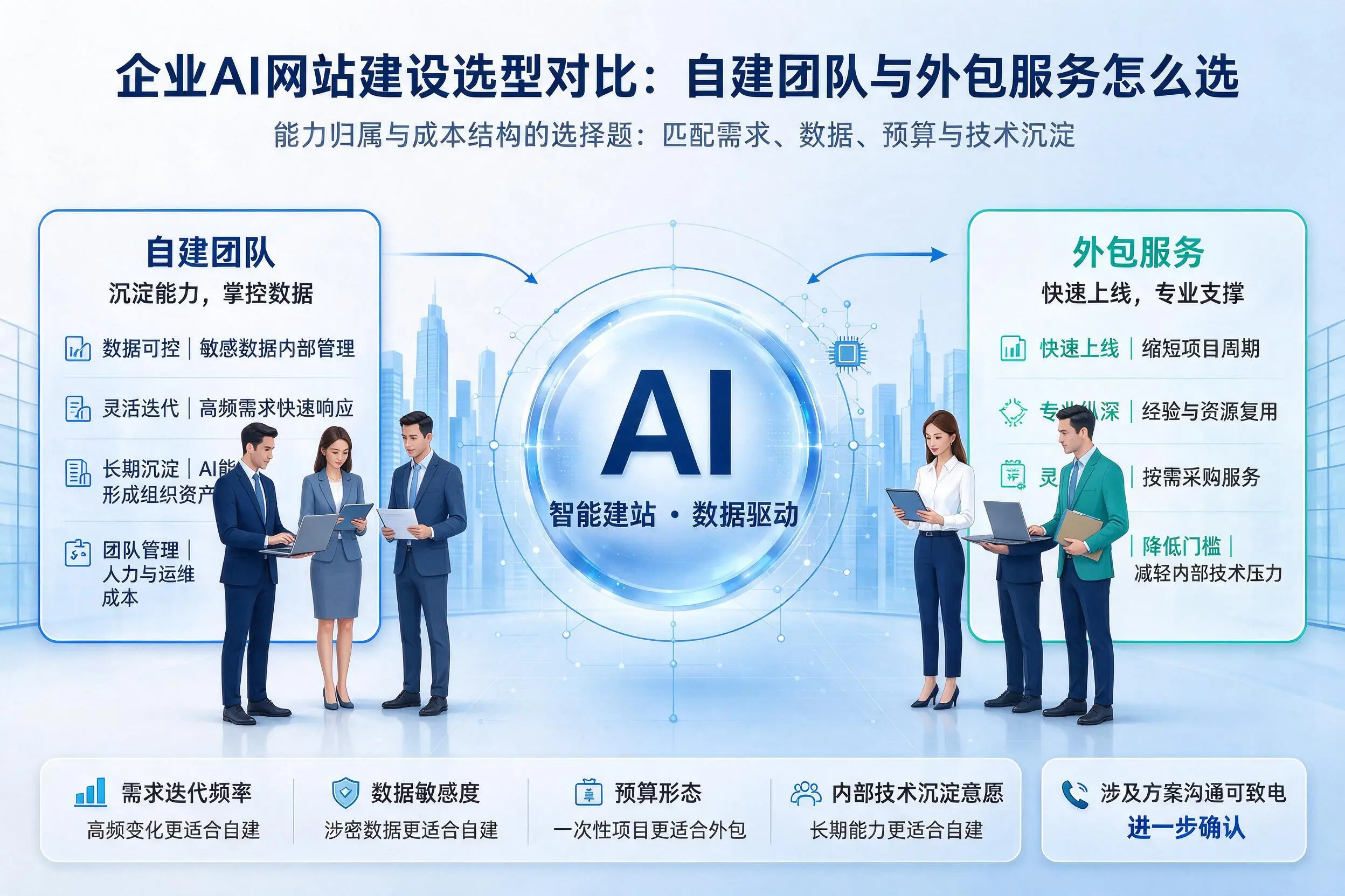 贺州企业AI网站建设选型对比:自建团队与外包服务怎么选